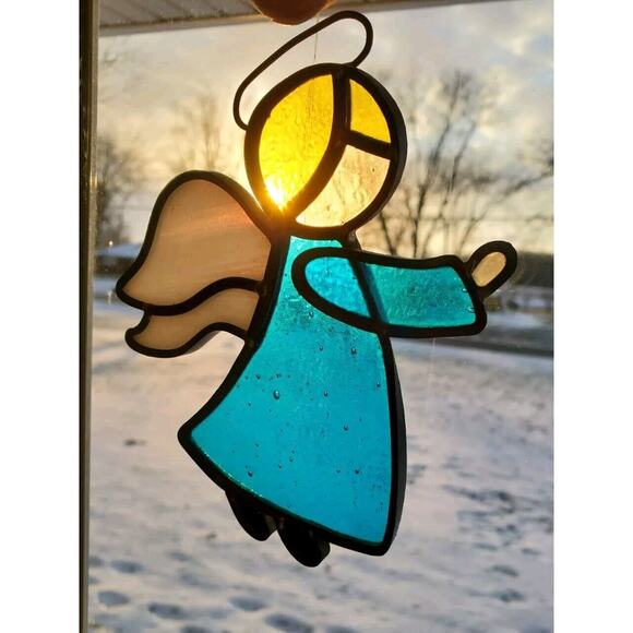 Two Cute Angels Stained Glass Suncatchers Christian Art Window Panels Spiritual - Picture 1 of 6